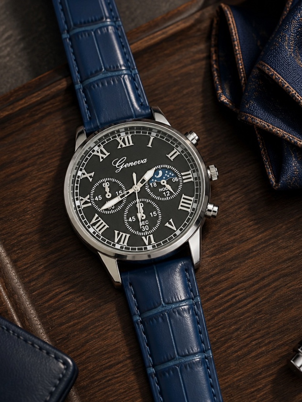 Geneva Men's Blue Leather Strap Watch Roman Numerals NWT